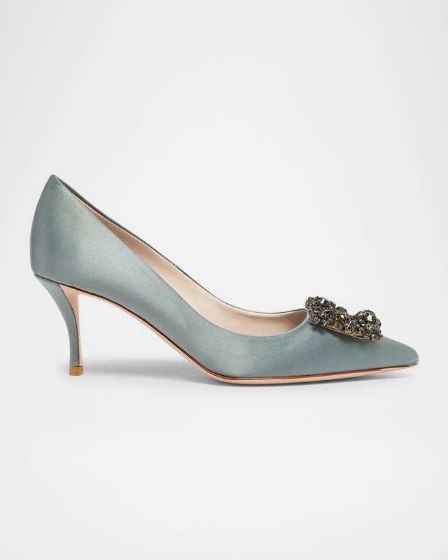 Satin Crystal Flowers Buckle Pumps